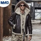 Men's RAF B3 Bomber Flight Aviator Shearling Sheep Skin Leather Jacket with hood
