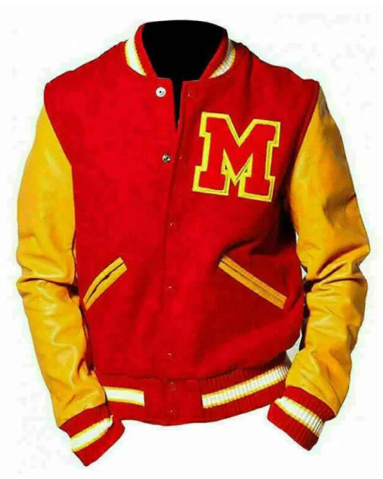 Men's MJ Thriller Michael Jackson Red M Logo Varsity Letterman Jacket Men's MJ Thriller Michael Jackson Red M Logo Varsity Letterman Jacket