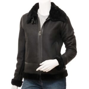 Women’s Black Shearling Bomber Jacket | Luxe Winter Style