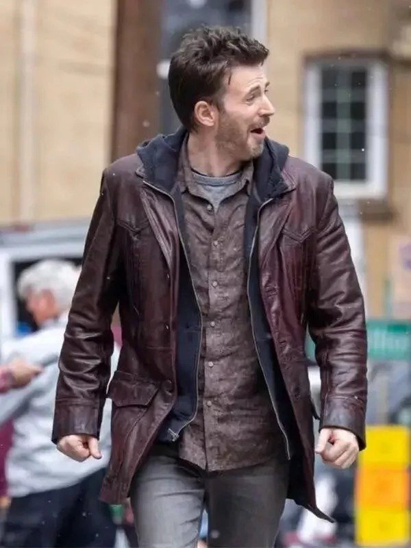 Men’s Mid-Length Leather Coat – Inspired by Chris Evans Men’s Mid-Length Leather Coat – Inspired by Chris Evans