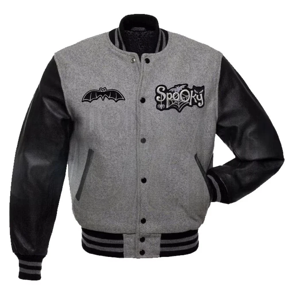 Letterman Halloween Streetwear Gray Wool & Leather E Varsity Jacket Letterman Halloween Streetwear Gray Wool & Leather E Varsity Jacket