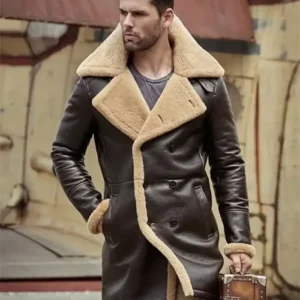 Men’s RAF Sheepskin Leather Trench Coat Shearling Winter Jacket