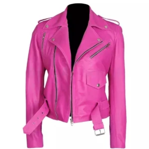 Women's Jessica Alba Hot Pink Stylish Biker Wear Faux Leather Jacket