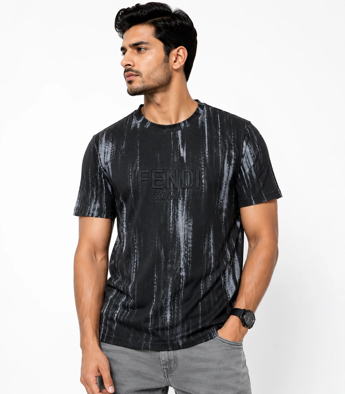 Fendi Men's Roma Embossed Brush-Stroke Graphic T-Shirt