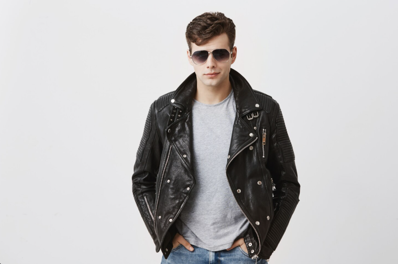 black men's leather bomber jacket
