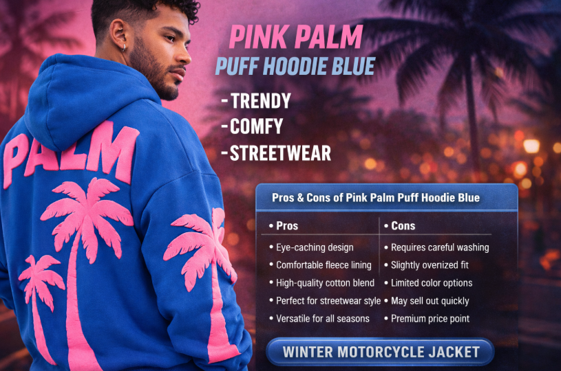 Pink Palm Puff Hoodie Blue Edition – Premium Quality & Modern Fit